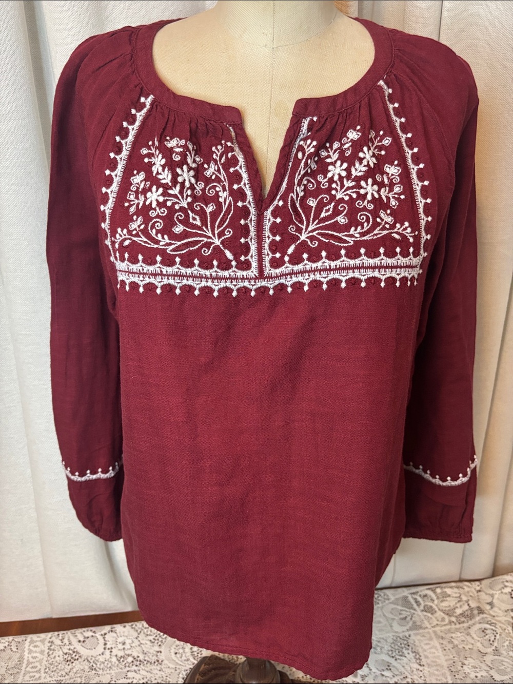 Lucky Brand Maroon Peasant Tunic with White Embroidery Small